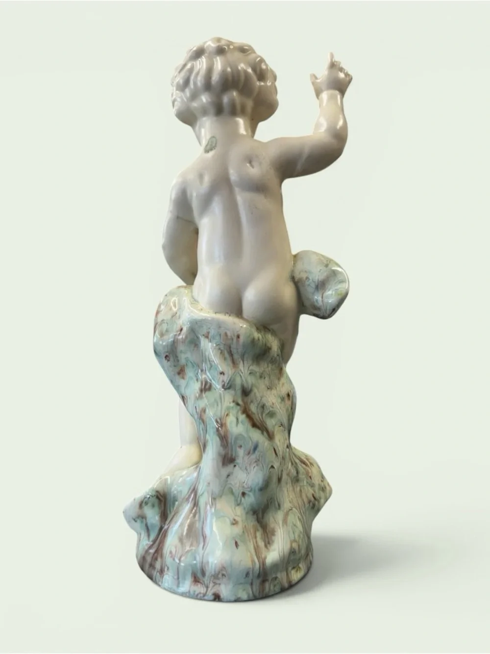 Vintage Cream Ceramic Cherub Figurine with Pale Aqua Drapery 16” x 6”